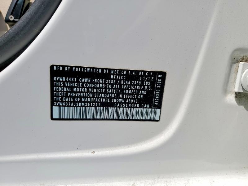 2013 Volkswagen Jetta მანქანა იყიდება აუქციონზე, vin: 3VW637AJ3DM251211, აუქციონის ნომერი: 65705966