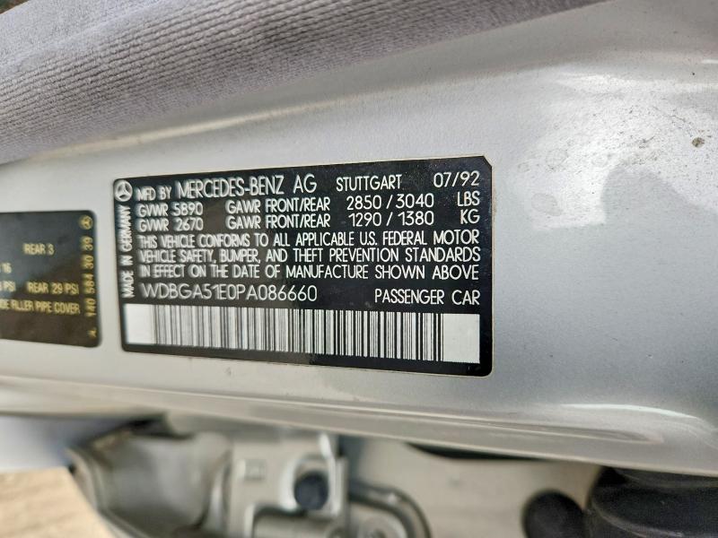64100846 :رقم المزاد ، WDBGA51E0PA086660 vin ، 1993 Mercedes-benz 500 مزاد بيع