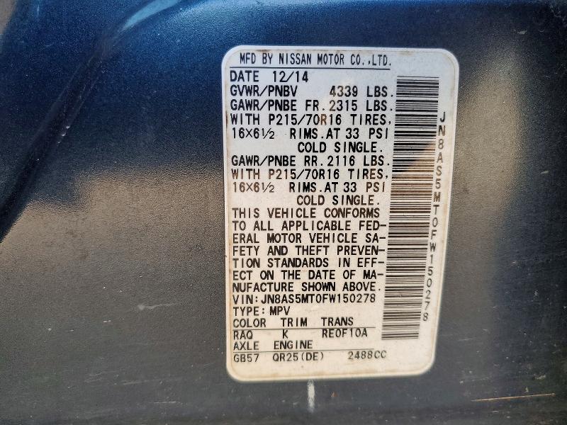 66907366 :رقم المزاد ، JN8AS5MT0FW150278 vin ، 2015 Nissan Rogue Select مزاد بيع