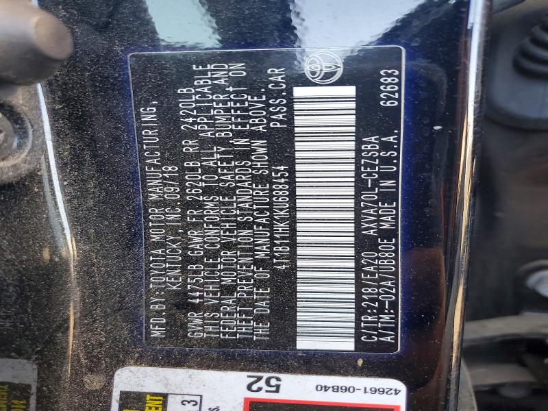 2019 Toyota Camry მანქანა იყიდება აუქციონზე, vin: 4T1B11HK1KU688454, აუქციონის ნომერი: 66051556