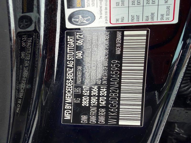 62358176 :رقم المزاد ، W1K6G6DB2NA065959 vin ، 2022 Mercedes-benz S مزاد بيع