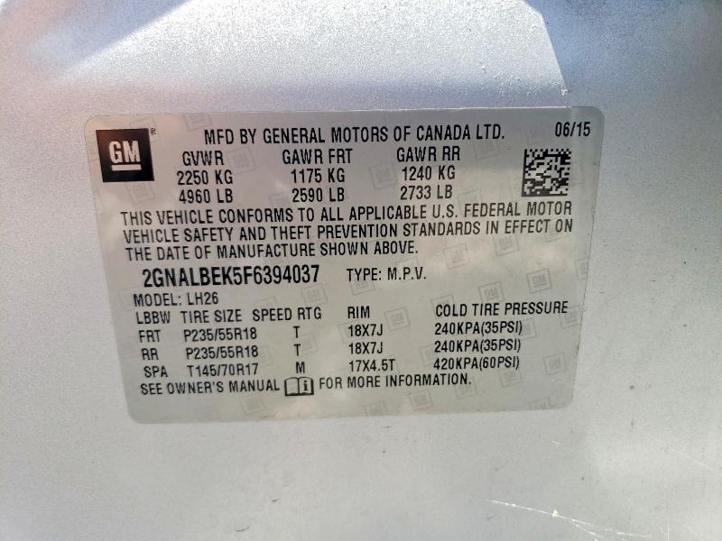 2015 Chevrolet Equinox მანქანა იყიდება აუქციონზე, vin: 2GNALBEK5F6394037, აუქციონის ნომერი: 63912786