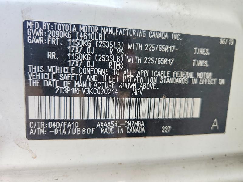 Продаж на аукціоні авто 2019 Toyota Rav4, vin: 2T3P1RFV3KC020214, номер лоту: 63382426