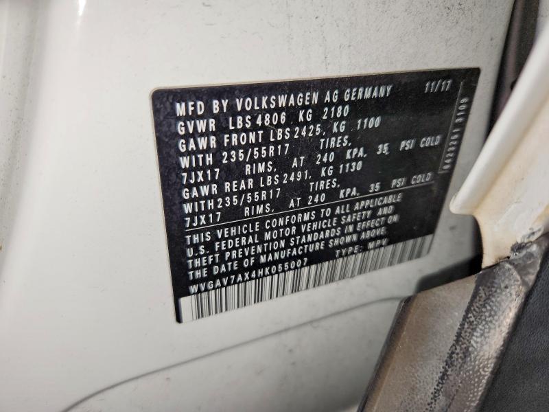2017 Volkswagen Tiguan მანქანა იყიდება აუქციონზე, vin: WVGAV7AX4HK055007, აუქციონის ნომერი: 64526236
