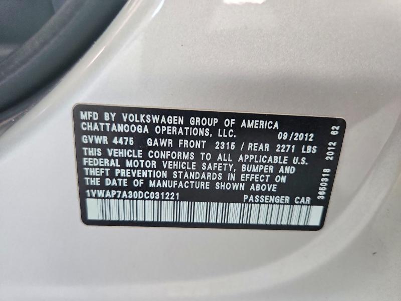 Продаж на аукціоні авто 2013 Volkswagen Passat, vin: 1VWAP7A30DC031221, номер лоту: 67116116