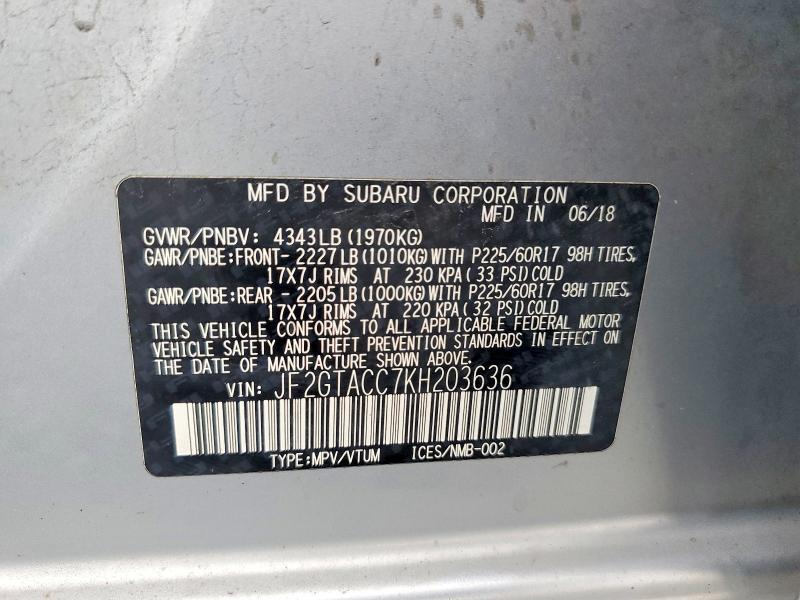 65996416 :رقم المزاد ، JF2GTACC7KH203636 vin ، 2019 Subaru Crosstrek مزاد بيع