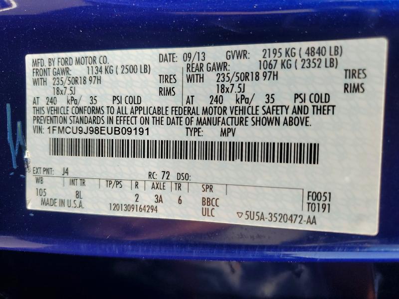 2014 Ford Escape მანქანა იყიდება აუქციონზე, vin: 1FMCU9J98EUB09191, აუქციონის ნომერი: 62951286