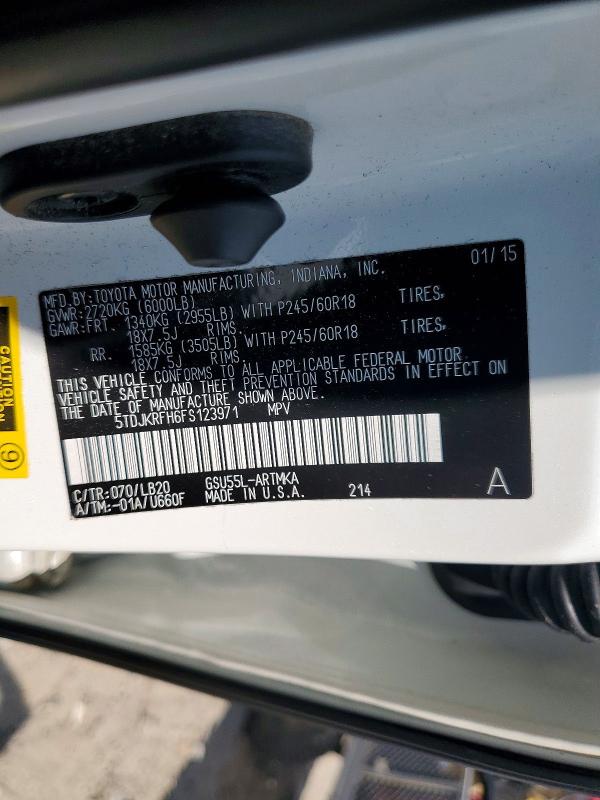 Продаж на аукціоні авто 2015 Toyota Highlander, vin: 5TDJKRFH6FS123971, номер лоту: 63546696