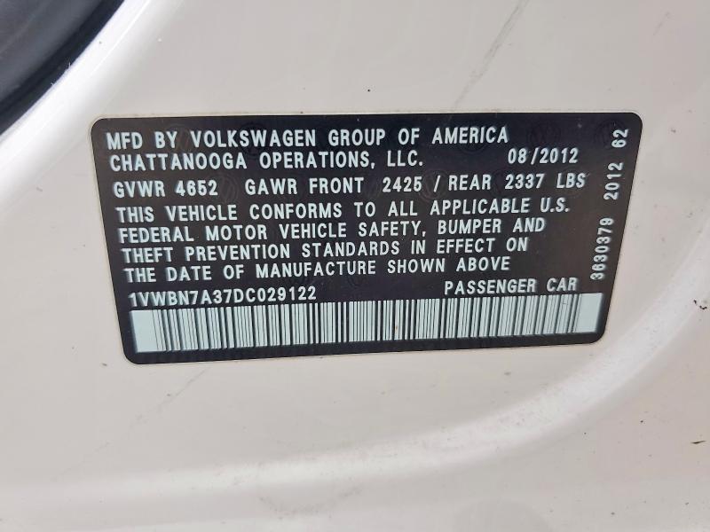 64749616 :رقم المزاد ، 1VWBN7A37DC029122 vin ، 2013 Volkswagen Passat مزاد بيع