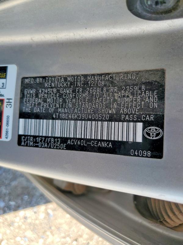64315496 :رقم المزاد ، 4T1BE46K39U400520 vin ، 2009 Toyota Camry مزاد بيع
