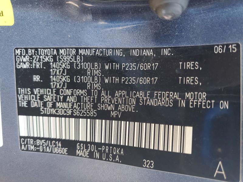 64017536 :رقم المزاد ، 5TDYK3DC9FS625585 vin ، 2015 Toyota Sienna مزاد بيع