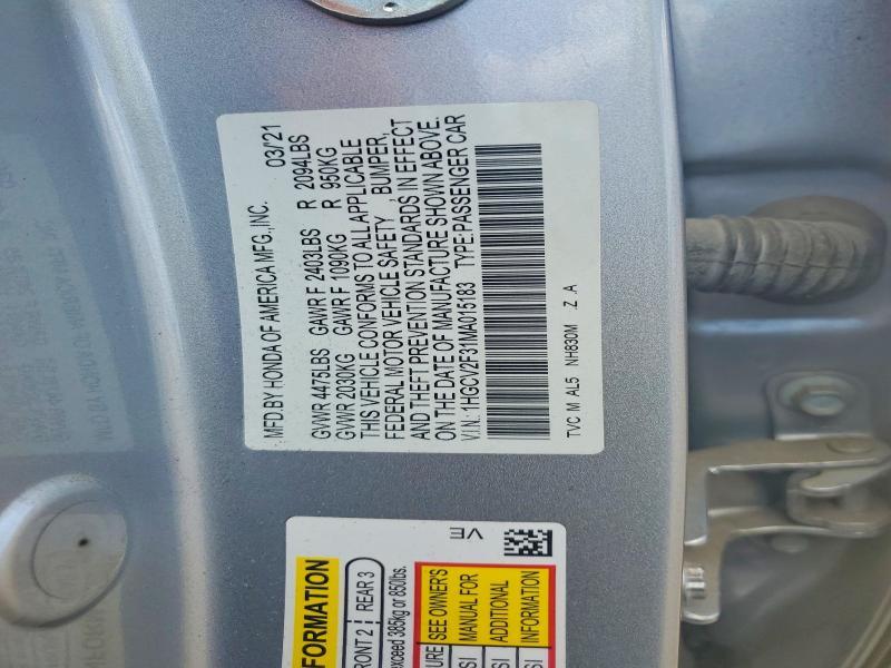 2021 Honda Accord მანქანა იყიდება აუქციონზე, vin: 1HGCV2F31MA015183, აუქციონის ნომერი: 66320076