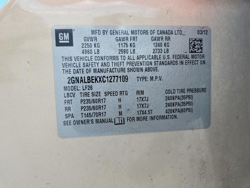 67281416 :رقم المزاد ، 2GNALBEKXC1277109 vin ، 2012 Chevrolet Equinox مزاد بيع