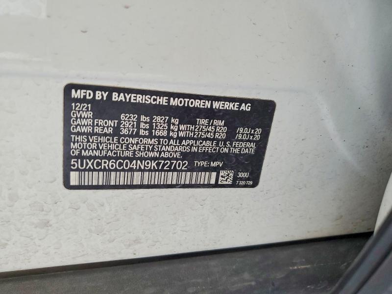 2022 Bmw X5 მანქანა იყიდება აუქციონზე, vin: 5UXCR6C04N9K72702, აუქციონის ნომერი: 63570666