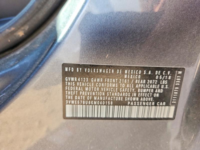 2019 Volkswagen Jetta მანქანა იყიდება აუქციონზე, vin: 3VWE57BU6KM040158, აუქციონის ნომერი: 63501846