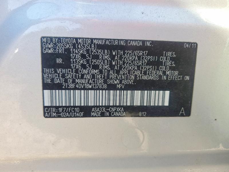 63055756 :رقم المزاد ، 2T3BF4DV1BW137838 vin ، 2011 Toyota Rav4 مزاد بيع