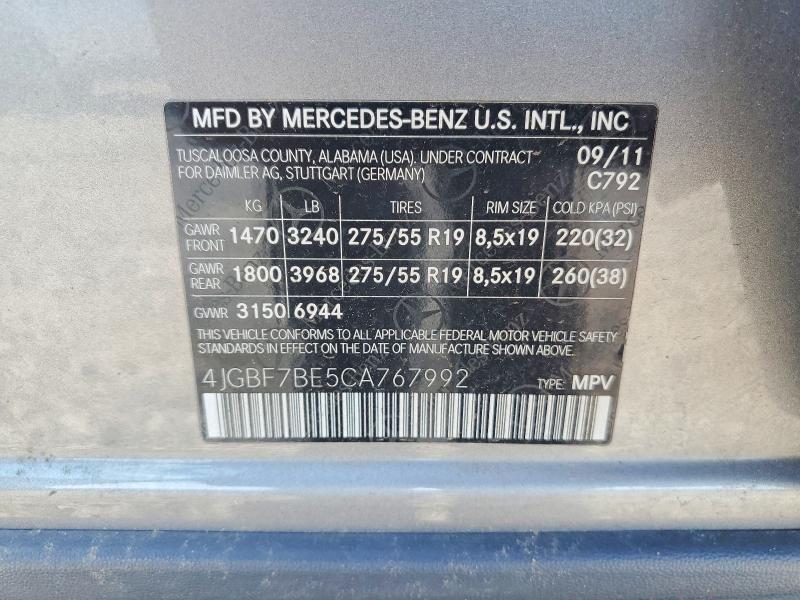 63312706 :رقم المزاد ، 4JGBF7BE5CA767992 vin ، 2012 Mercedes-benz Gl مزاد بيع