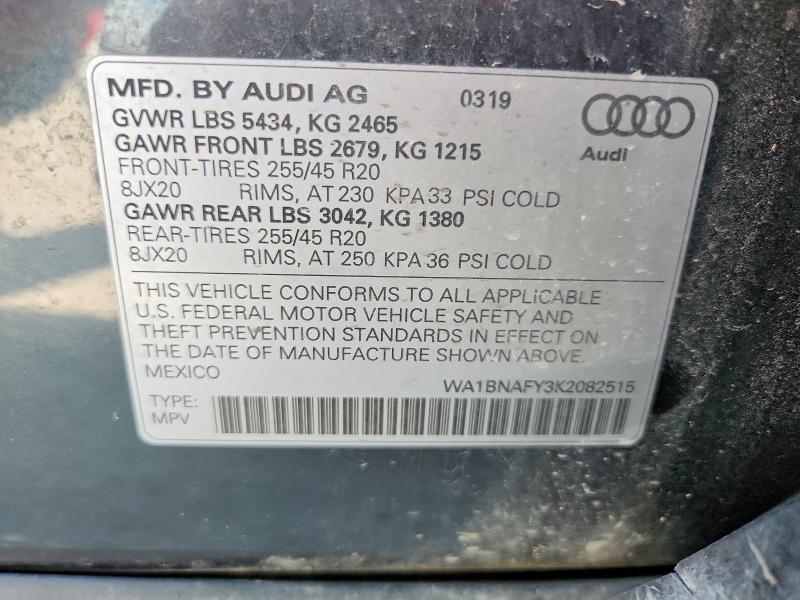 2019 Audi Q5 მანქანა იყიდება აუქციონზე, vin: WA1BNAFY3K2082515, აუქციონის ნომერი: 63741276