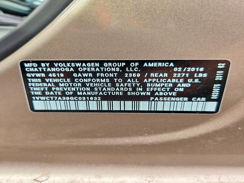 Продаж на аукціоні авто 2016 Volkswagen Passat, vin: 1VWCT7A39GC031632, номер лоту: 65049196