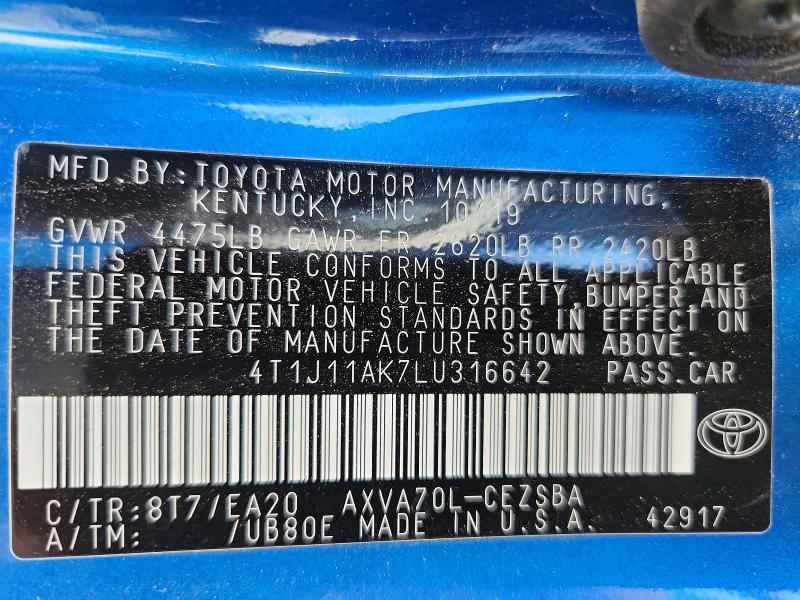 2020 Toyota Camry მანქანა იყიდება აუქციონზე, vin: 4T1J11AK7LU316642, აუქციონის ნომერი: 65176036