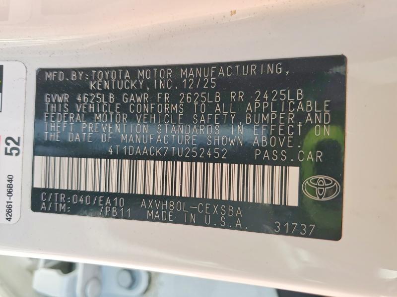 2026 Toyota Camry მანქანა იყიდება აუქციონზე, vin: 4T1DAACK7TU252452, აუქციონის ნომერი: 67104326