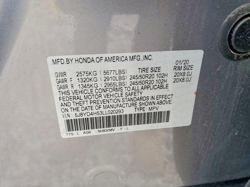 66170346 :رقم المزاد ، 5J8YD4H53LL020293 vin ، 2020 Acura Mdx مزاد بيع