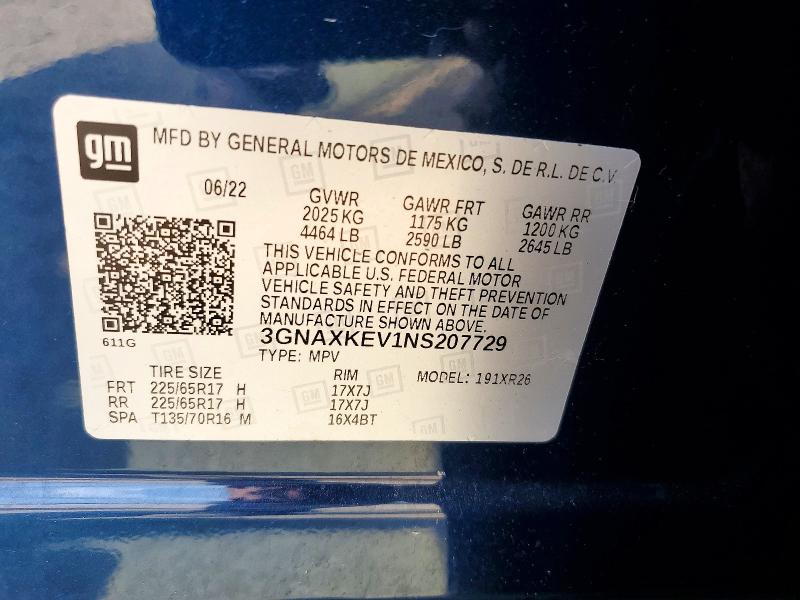 2022 Chevrolet Equinox მანქანა იყიდება აუქციონზე, vin: 3GNAXKEV1NS207729, აუქციონის ნომერი: 65856106
