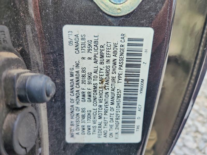 66565236 :رقم المزاد ، 2HGFB2F51DH578257 vin ، 2013 Honda Civic مزاد بيع