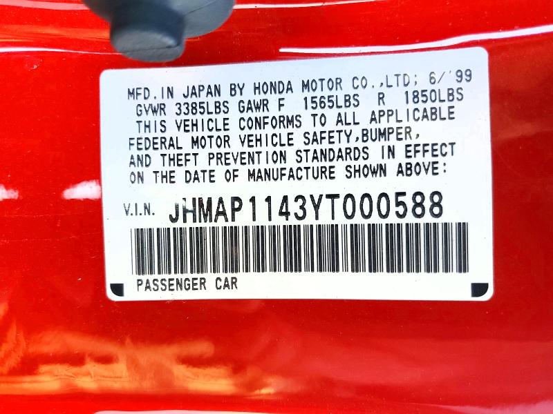2000 Honda S2000 მანქანა იყიდება აუქციონზე, vin: JHMAP1143YT000588, აუქციონის ნომერი: 63606236