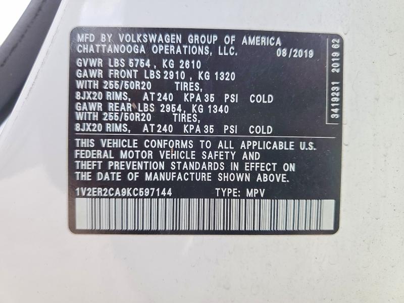64632396 :رقم المزاد ، 1V2ER2CA9KC597144 vin ، 2019 Volkswagen Atlas مزاد بيع