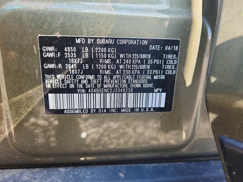 2018 Subaru Outback მანქანა იყიდება აუქციონზე, vin: 4S4BSENC2J3349238, აუქციონის ნომერი: 66433146