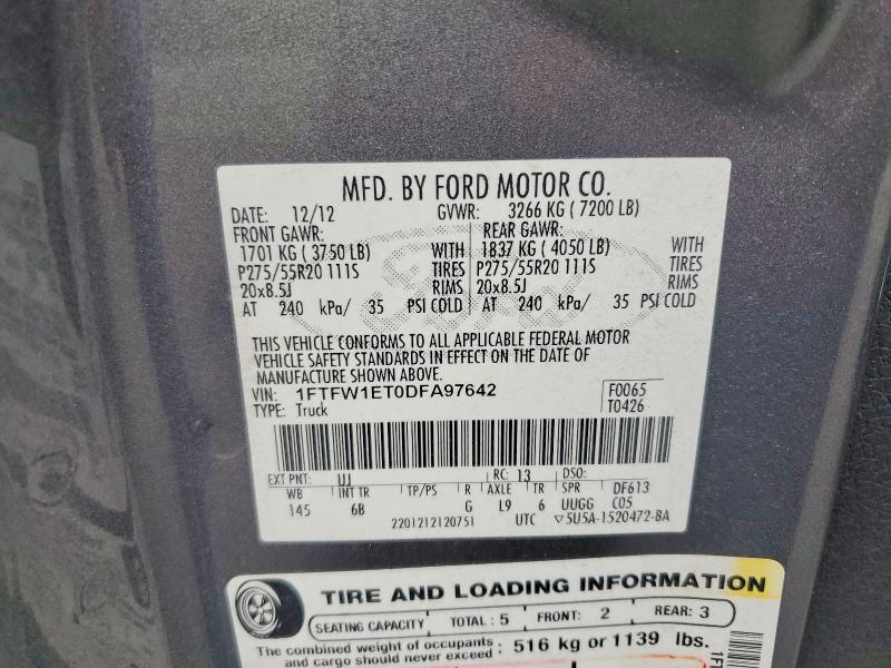 2013 Ford F150 მანქანა იყიდება აუქციონზე, vin: 1FTFW1ET0DFA97642, აუქციონის ნომერი: 64728066