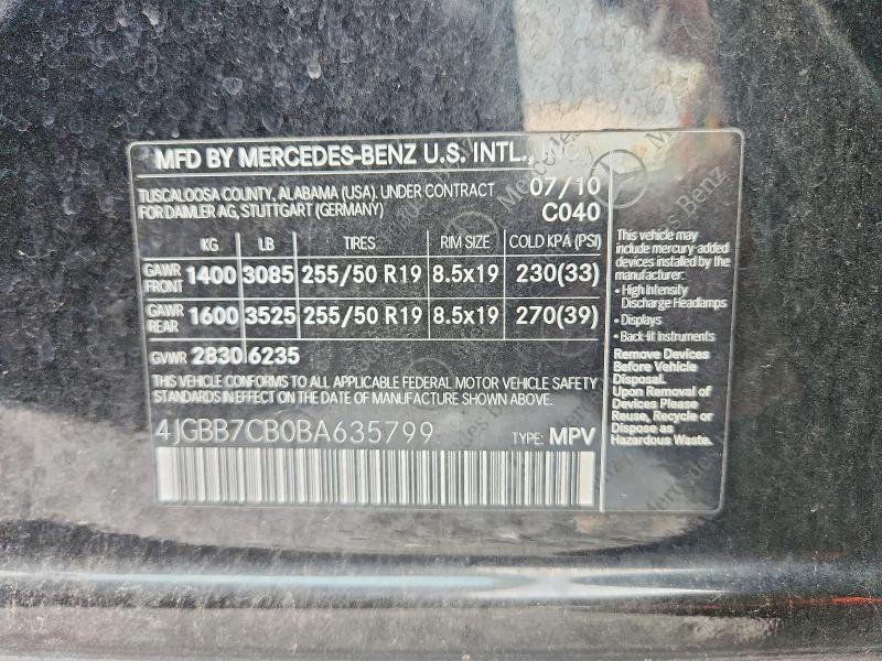 Продажа на аукционе авто 2011 Mercedes-benz Ml, vin: 4JGBB7CB0BA635799, номер лота: 63845636