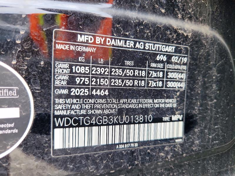 64399216 :رقم المزاد ، WDCTG4GB3KU013810 vin ، 2019 Mercedes-benz Gla مزاد بيع