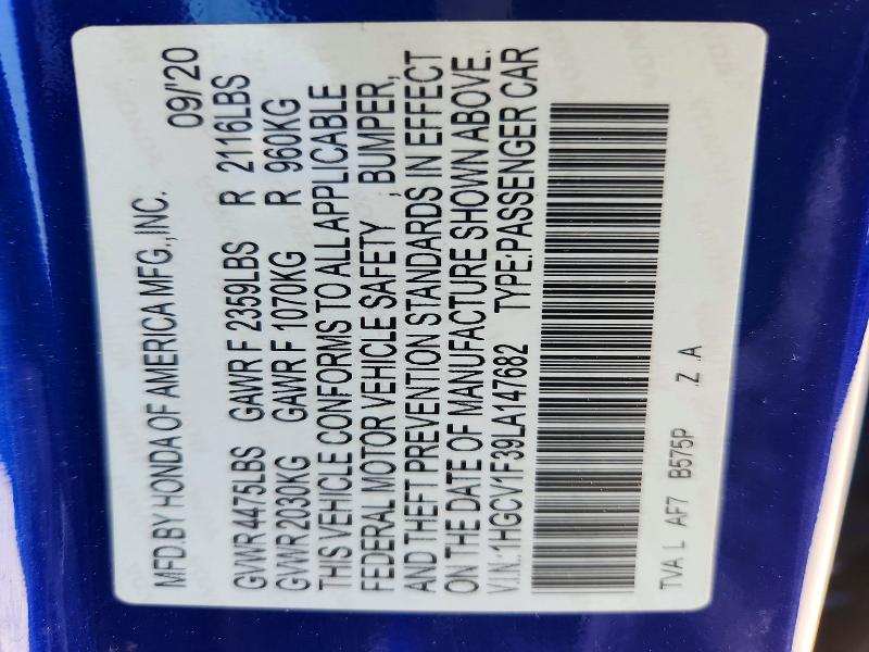 2020 Honda Accord მანქანა იყიდება აუქციონზე, vin: 1HGCV1F39LA147682, აუქციონის ნომერი: 65433246