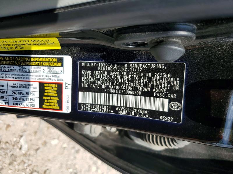 63160306 :رقم المزاد ، 4T1BD1FK6CU060708 vin ، 2012 Toyota Camry Hybrid مزاد بيع