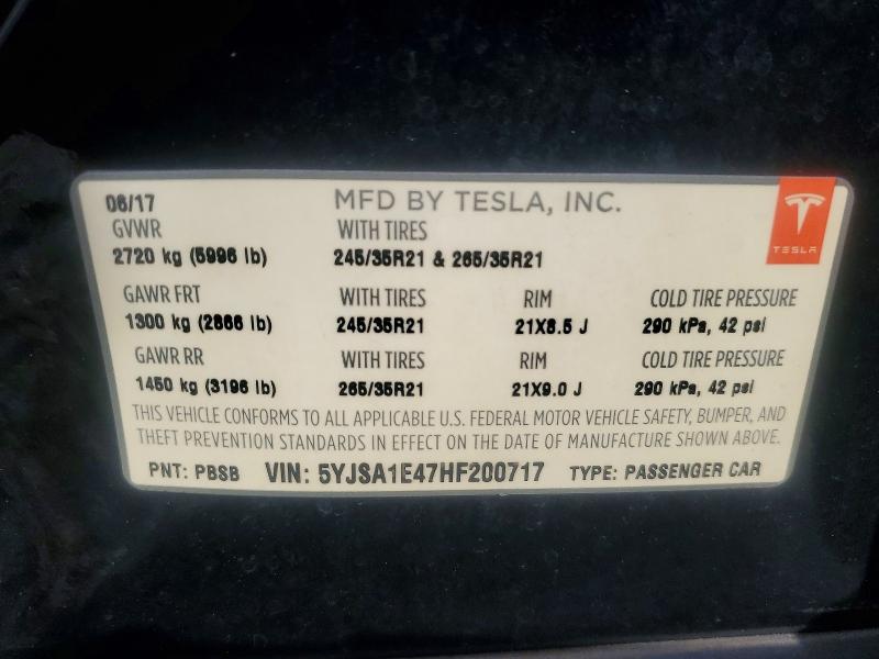67108776 :رقم المزاد ، 5YJSA1E47HF200717 vin ، 2017 Tesla Model S مزاد بيع