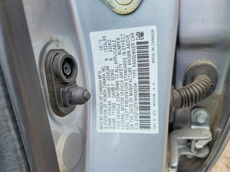 63893176 :رقم المزاد ، 2HGFC2F61KH588094 vin ، 2019 Honda Civic مزاد بيع