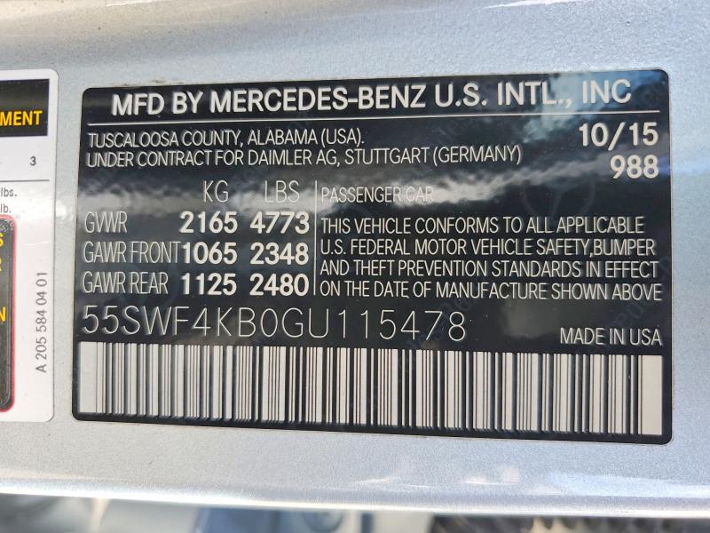 Aukcja sprzedaży 2016 Mercedes-benz C, vin: 55SWF4KB0GU115478, numer aukcji: 66489626