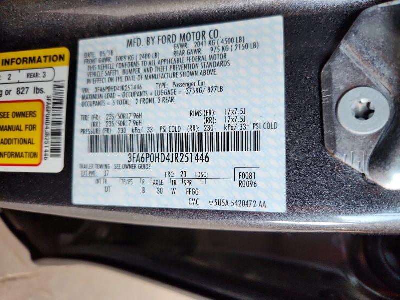 2018 Ford Fusion მანქანა იყიდება აუქციონზე, vin: 3FA6P0HD4JR251446, აუქციონის ნომერი: 64764116