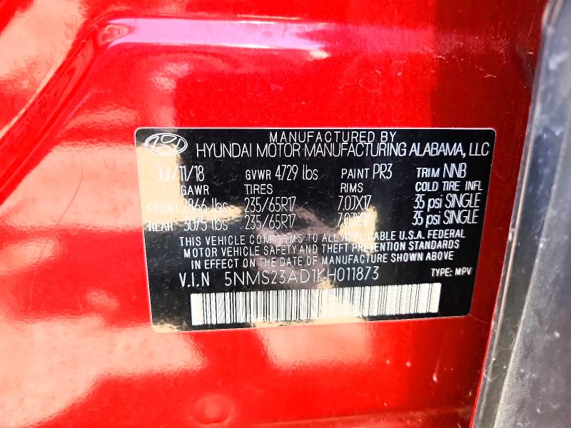 65536446 :رقم المزاد ، 5NMS23AD1KH011873 vin ، 2019 Hyundai Santa Fe مزاد بيع
