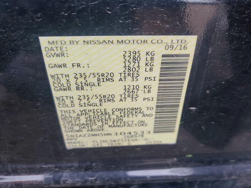 Aukcja sprzedaży 2017 Nissan Murano, vin: 5N1AZ2MH5HN104533, numer aukcji: 66276386