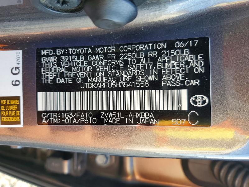 Aukcja sprzedaży 2017 Toyota Prius, vin: JTDKARFU5H3541558, numer aukcji: 67033716