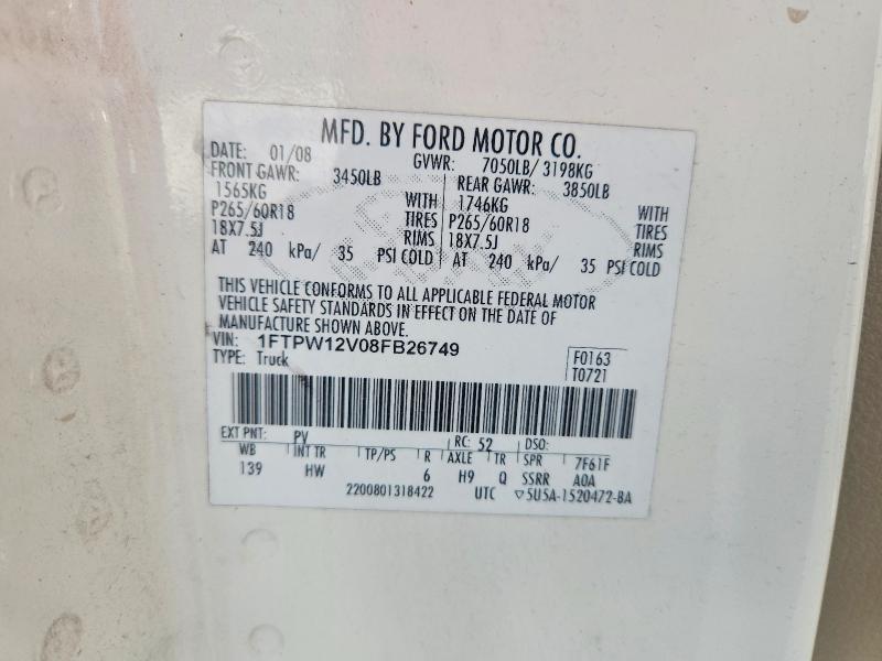 Продажа на аукционе авто 2008 Ford F150, vin: 1FTPW12V08FB26749, номер лота: 64267816