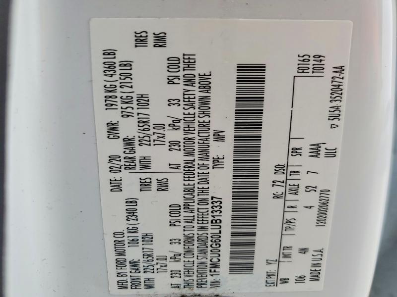 Продажа на аукционе авто 2020 Ford Escape, vin: 1FMCU0G60LUB13337, номер лота: 64502306