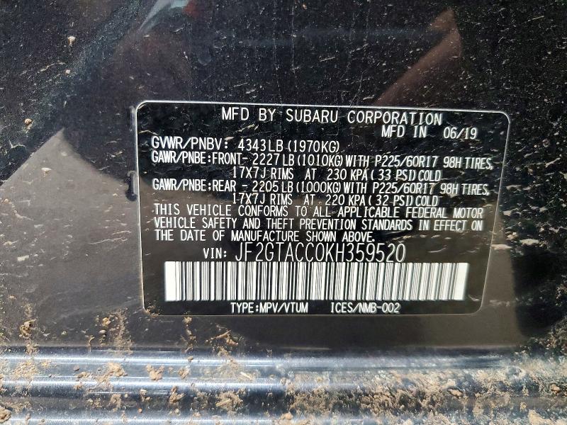 Aukcja sprzedaży 2019 Subaru Crosstrek, vin: JF2GTACC0KH359520, numer aukcji: 65755506