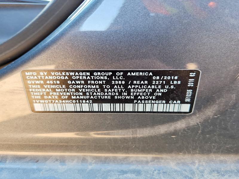 2017 Volkswagen Passat მანქანა იყიდება აუქციონზე, vin: 1VWGT7A34HC011842, აუქციონის ნომერი: 65126516