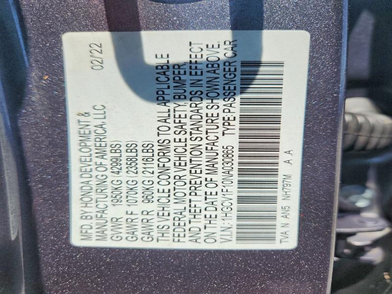 64205756 :رقم المزاد ، 1HGCV1F10NA030865 vin ، 2022 Honda Accord مزاد بيع