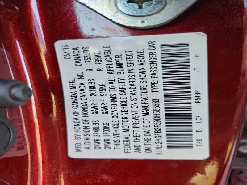 66689706 :رقم المزاد ، 2HGFB2F59DH555583 vin ، 2013 Honda Civic مزاد بيع