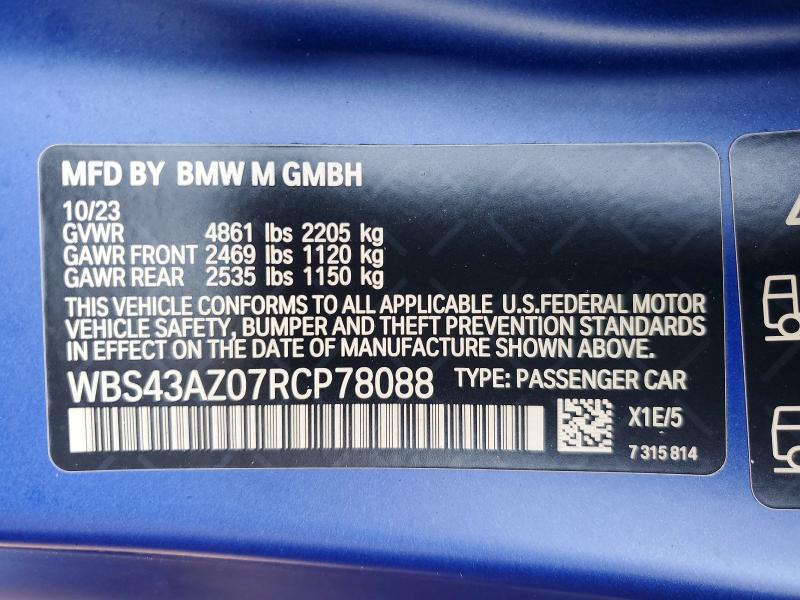 Aukcja sprzedaży 2024 Bmw M4, vin: WBS43AZ07RCP78088, numer aukcji: 63929286